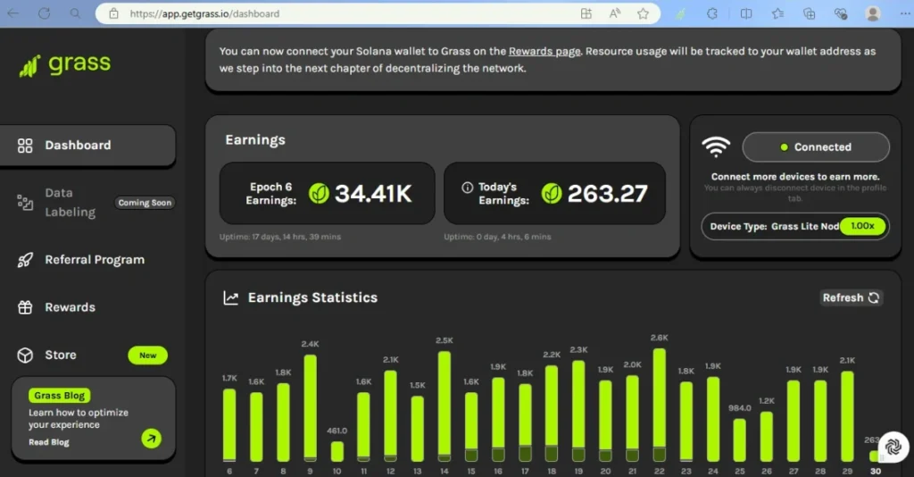 Dashboard showing GRASS token earnings and optimization strategies for maximum passive income