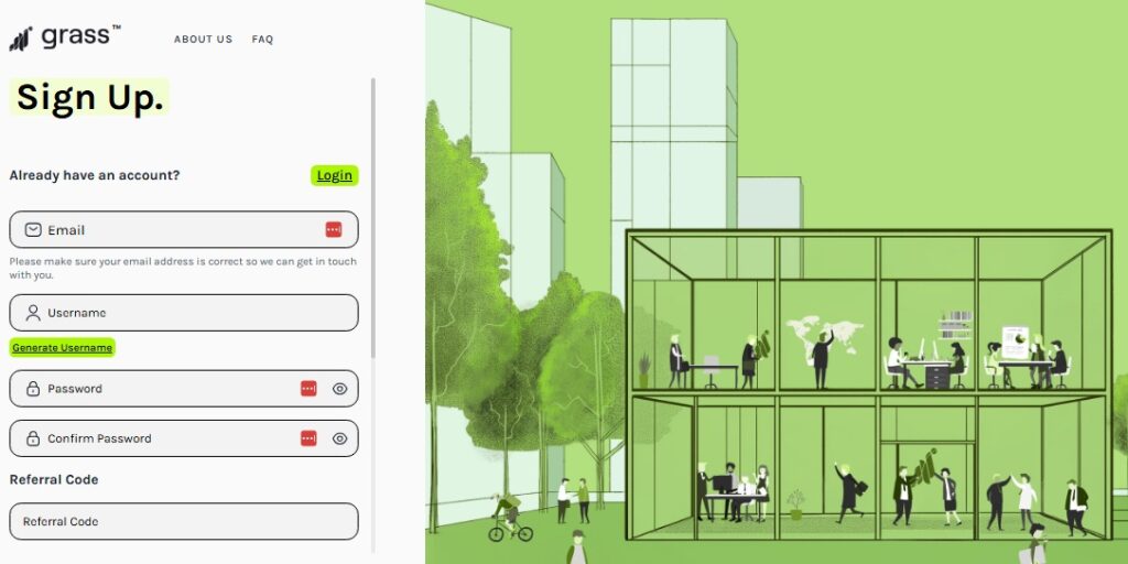 GetGrass.io registration interface showing easy sign-up process for new users
