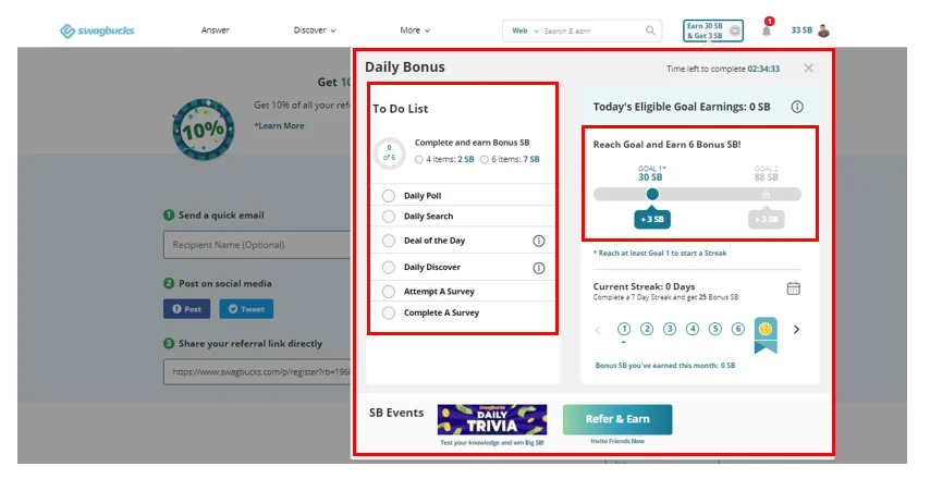 Swagbucks dashboard showing multiple ways to earn money online free including surveys, videos, and cashback offers