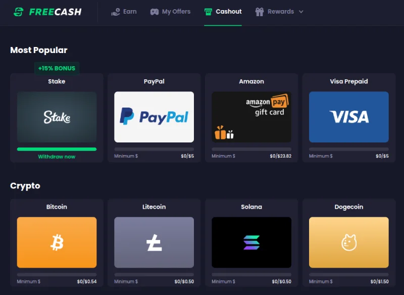 Freecash - withdrawal methods - payment methods - cashout methods