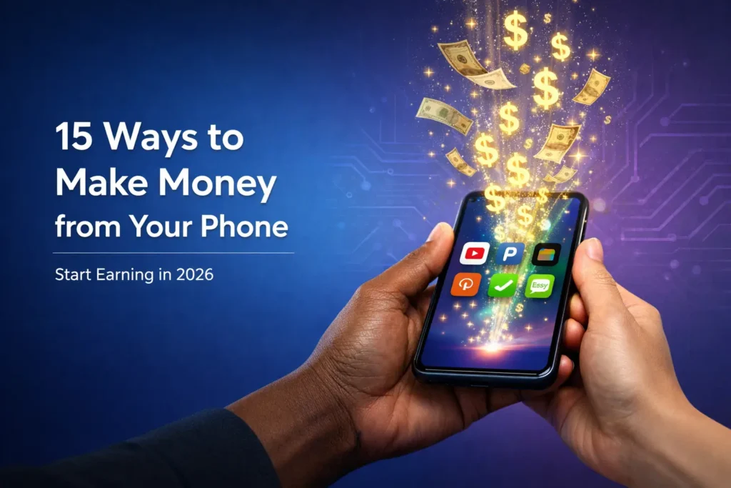 Smartphone with money-making apps and cash floating upward