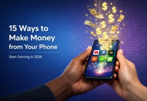 Smartphone with money-making apps and cash floating upward