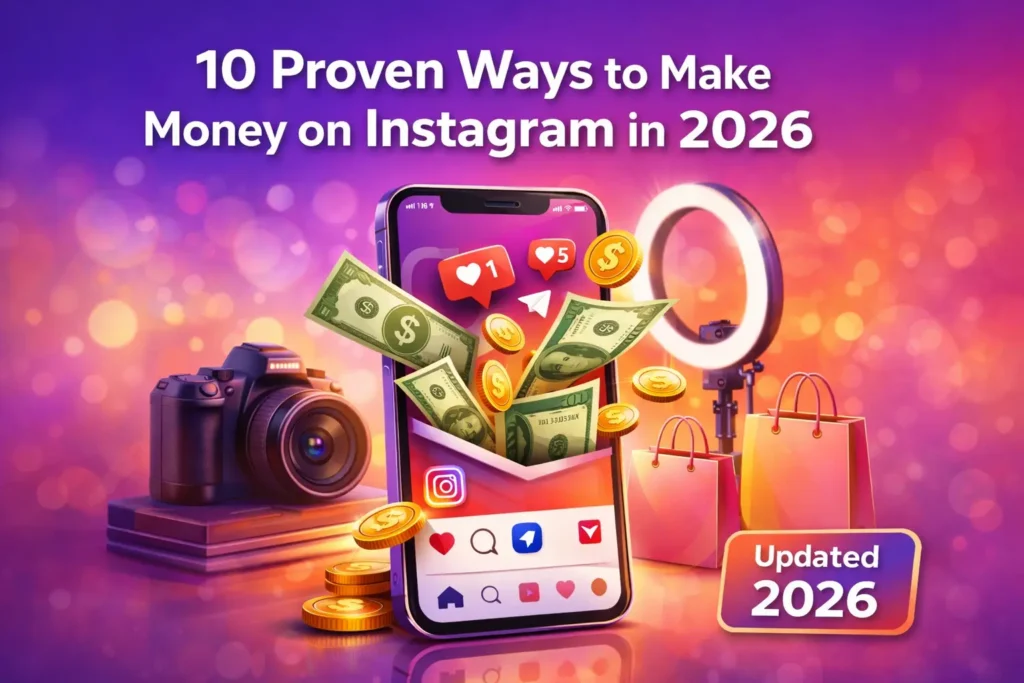 Smartphone displaying Instagram app with money symbols representing ways to make money on Instagram in 2026