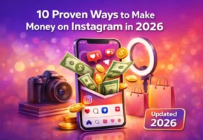 Smartphone displaying Instagram app with money symbols representing ways to make money on Instagram in 2026